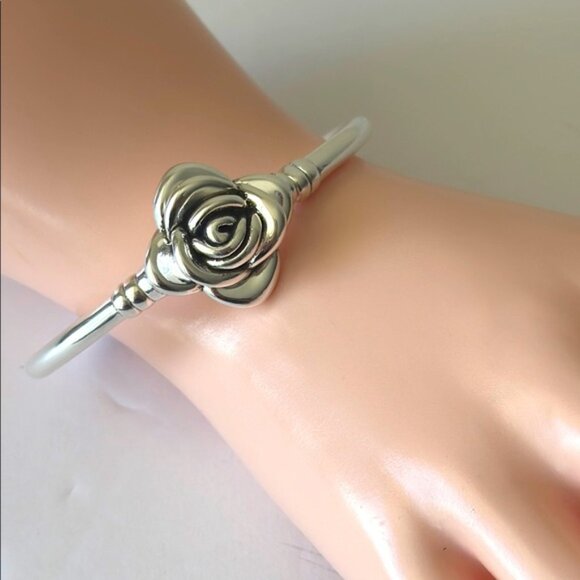 925 Sterling Silver 3D Rose Electroform Cuff / Bangle Bracelet - Picture 2 of 10